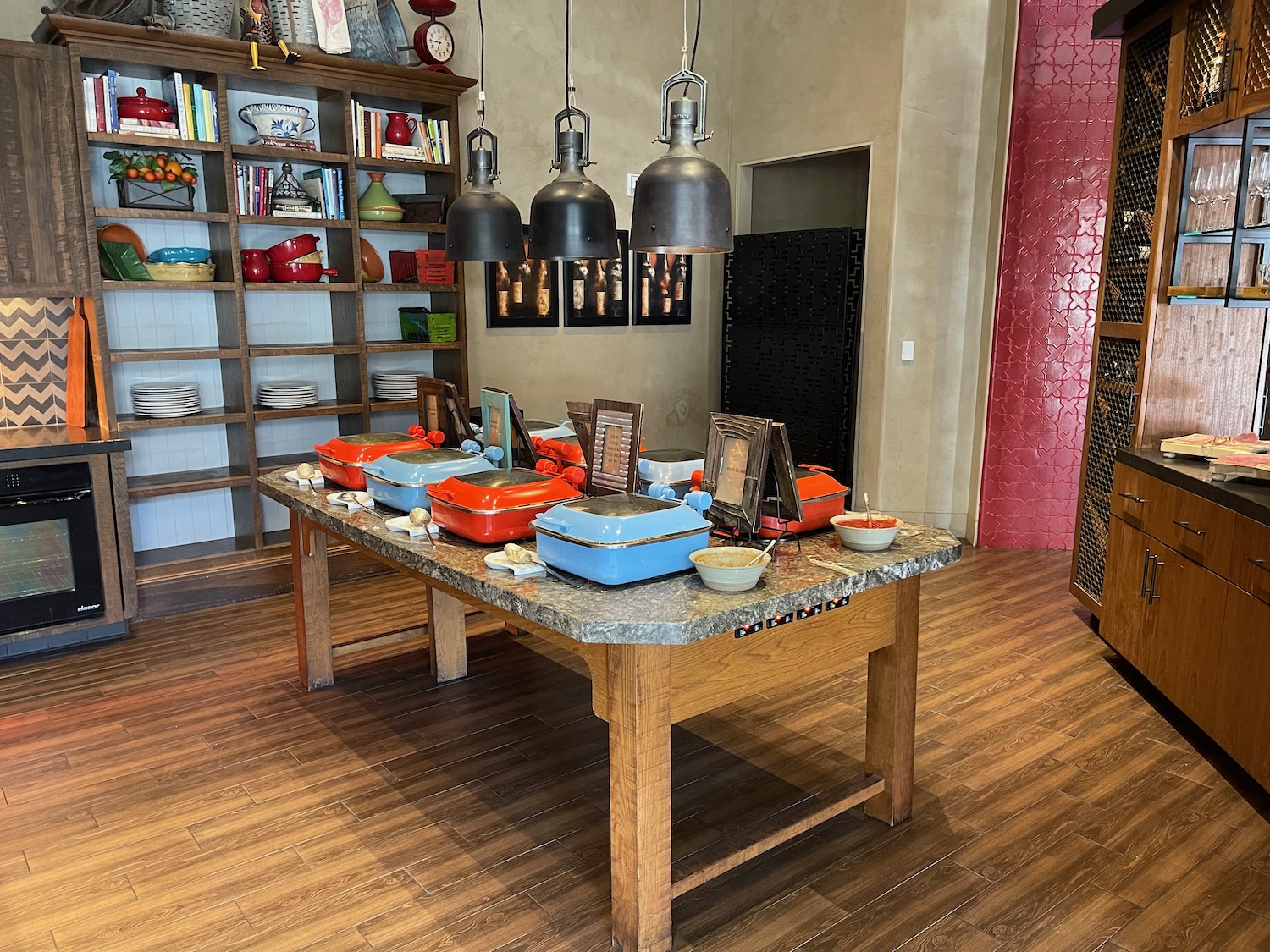 a table with different colored containers on it