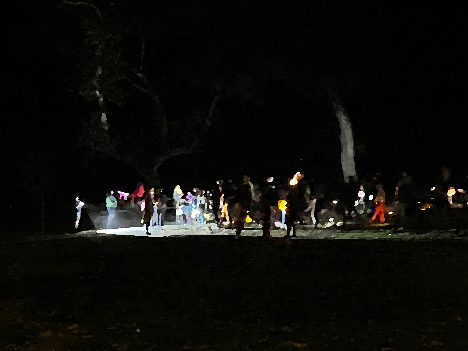 a group of people standing on a field at night