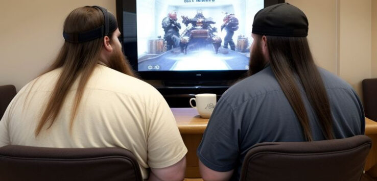 two men sitting in chairs looking at a television