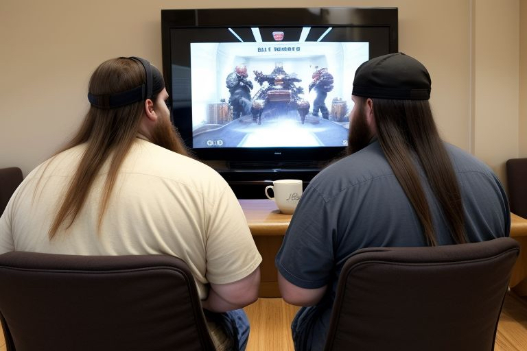 two men sitting in chairs looking at a television