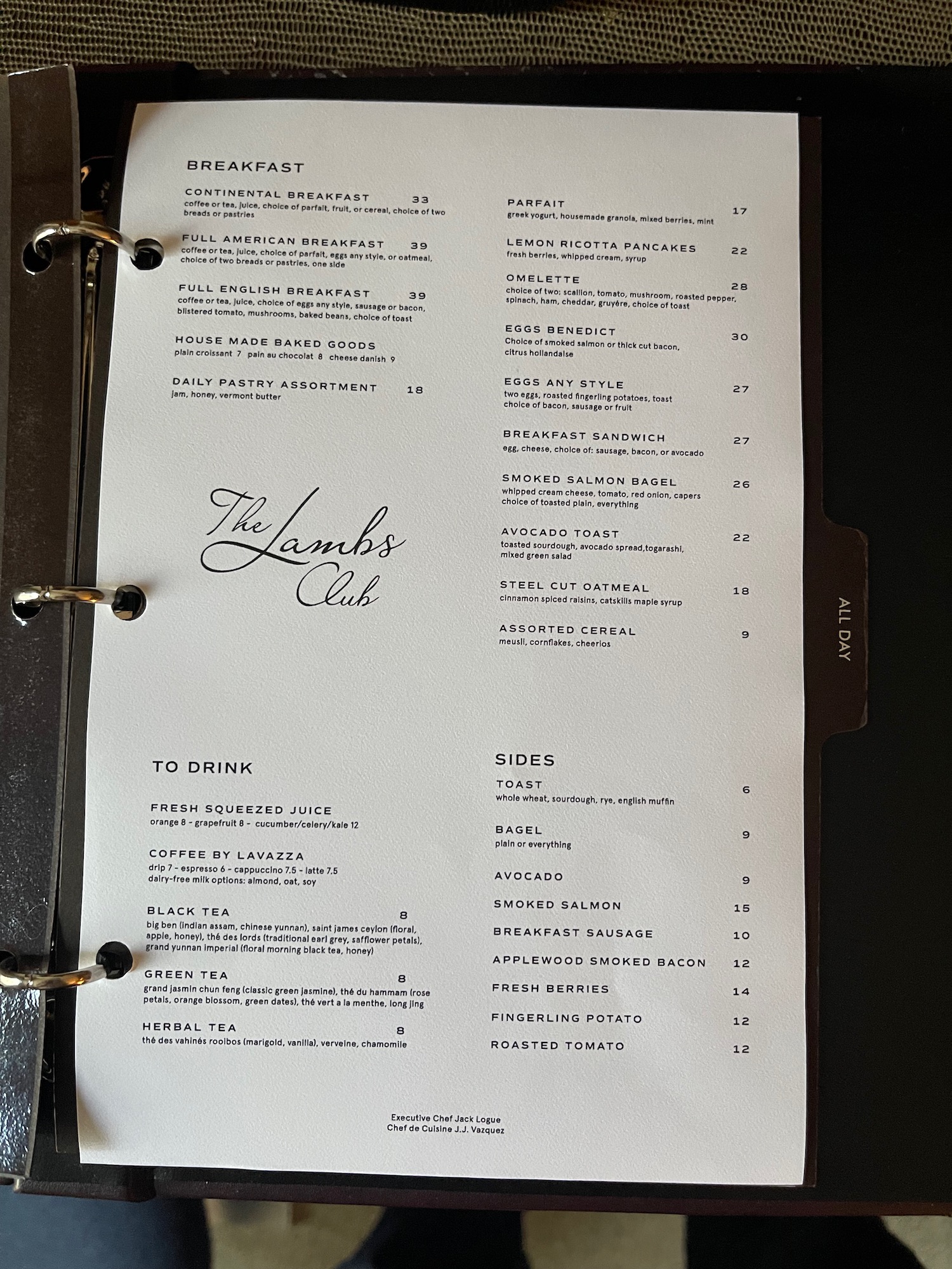 a menu in a binder