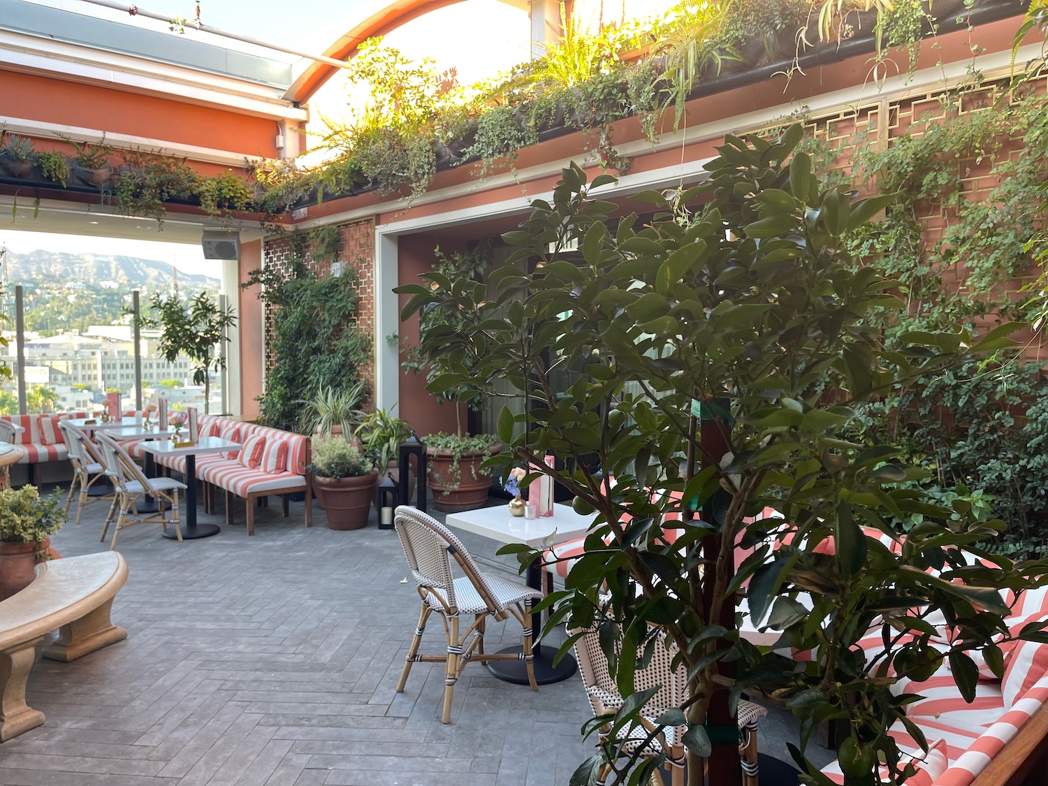 a patio with tables and chairs and plants