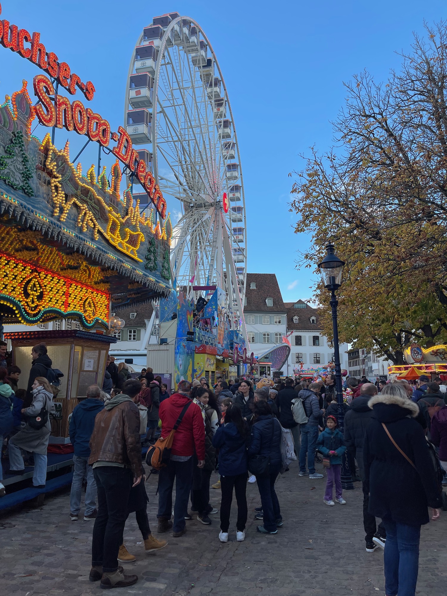 a crowd of people standing in front of a ferris wheel