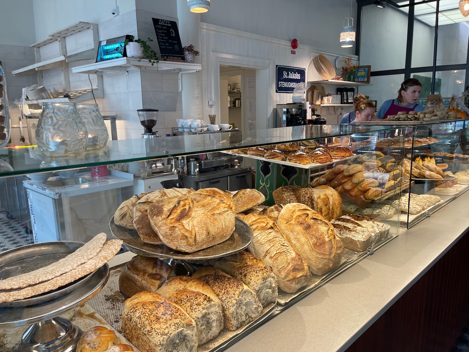 a display case with bread on it