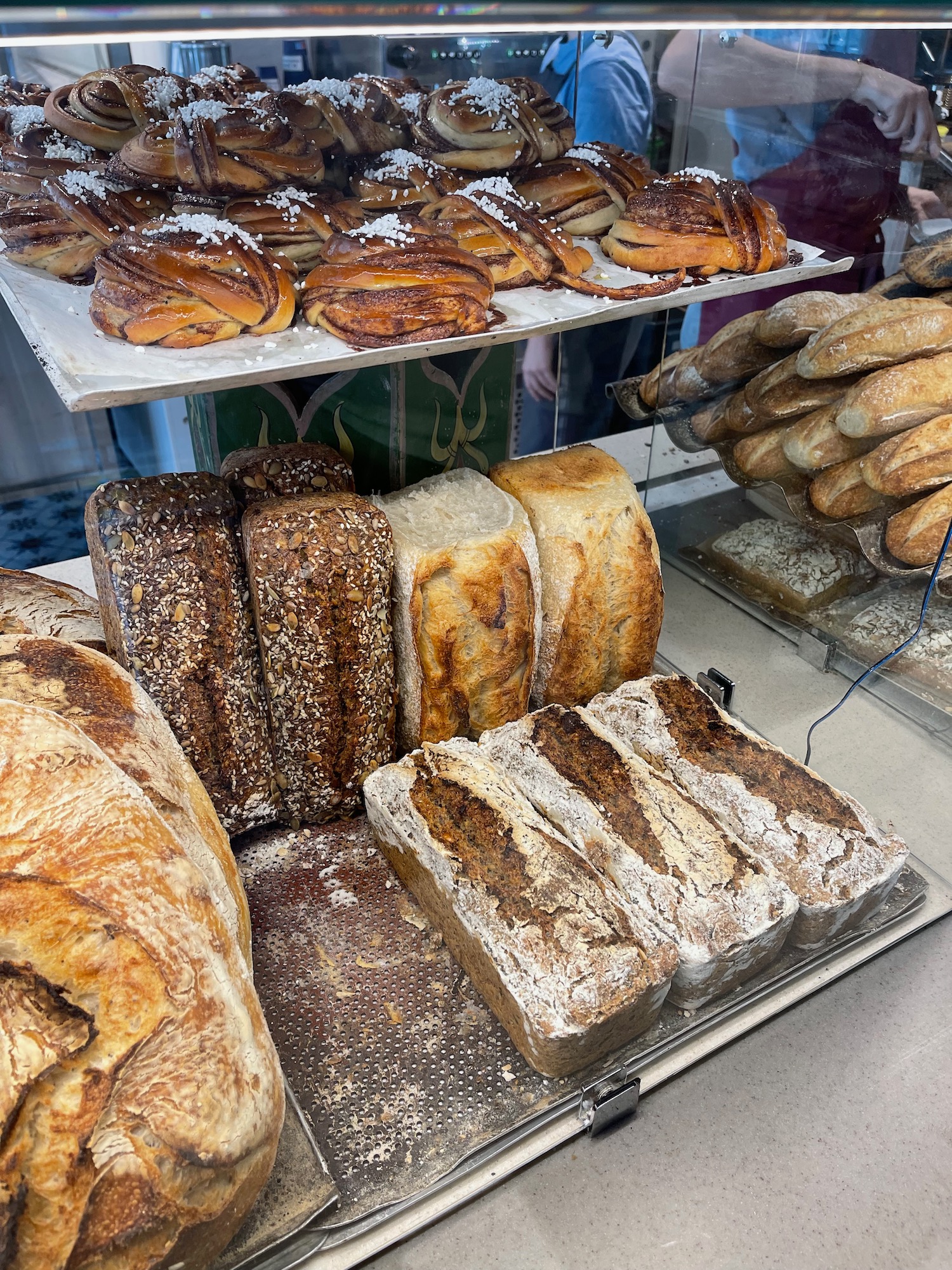 a display case of bread