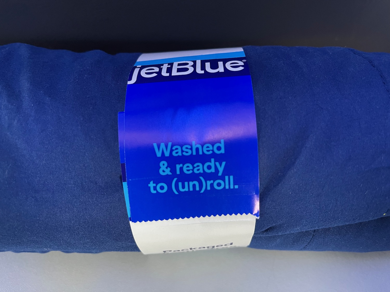 a blue fabric with a label