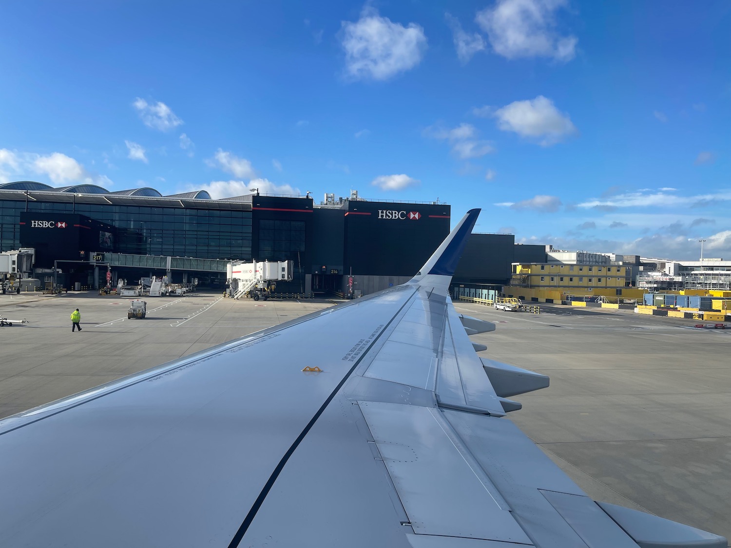 an airplane wing in an airport