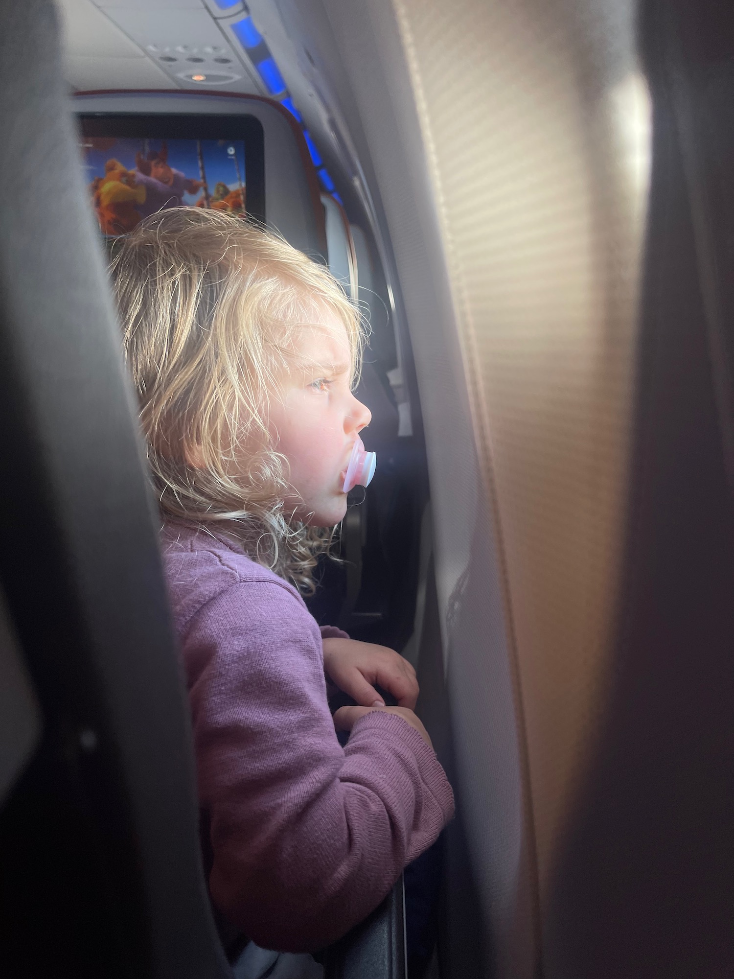 a child looking out of an airplane window