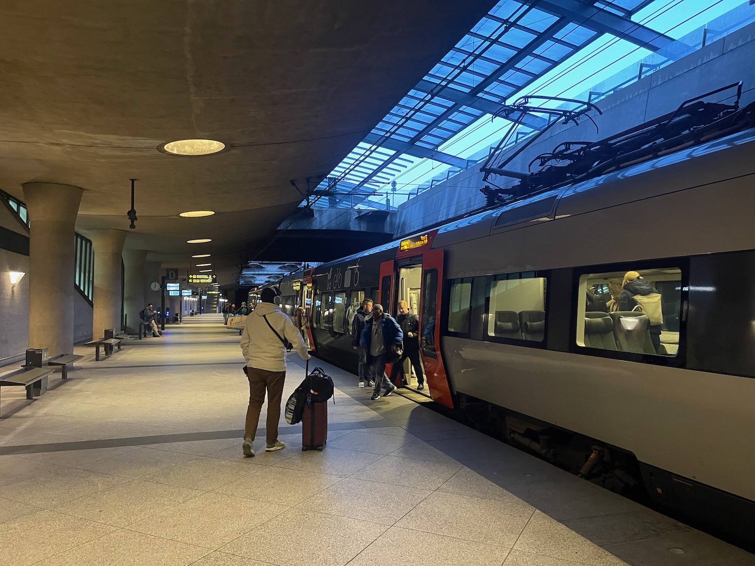 a man with luggage standing next to a train