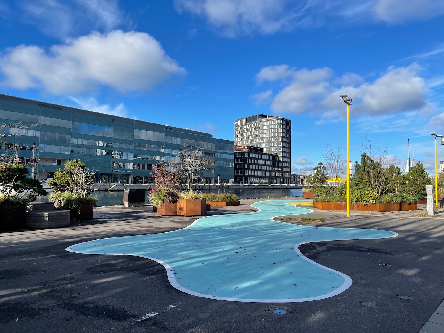 a blue water area with trees and plants