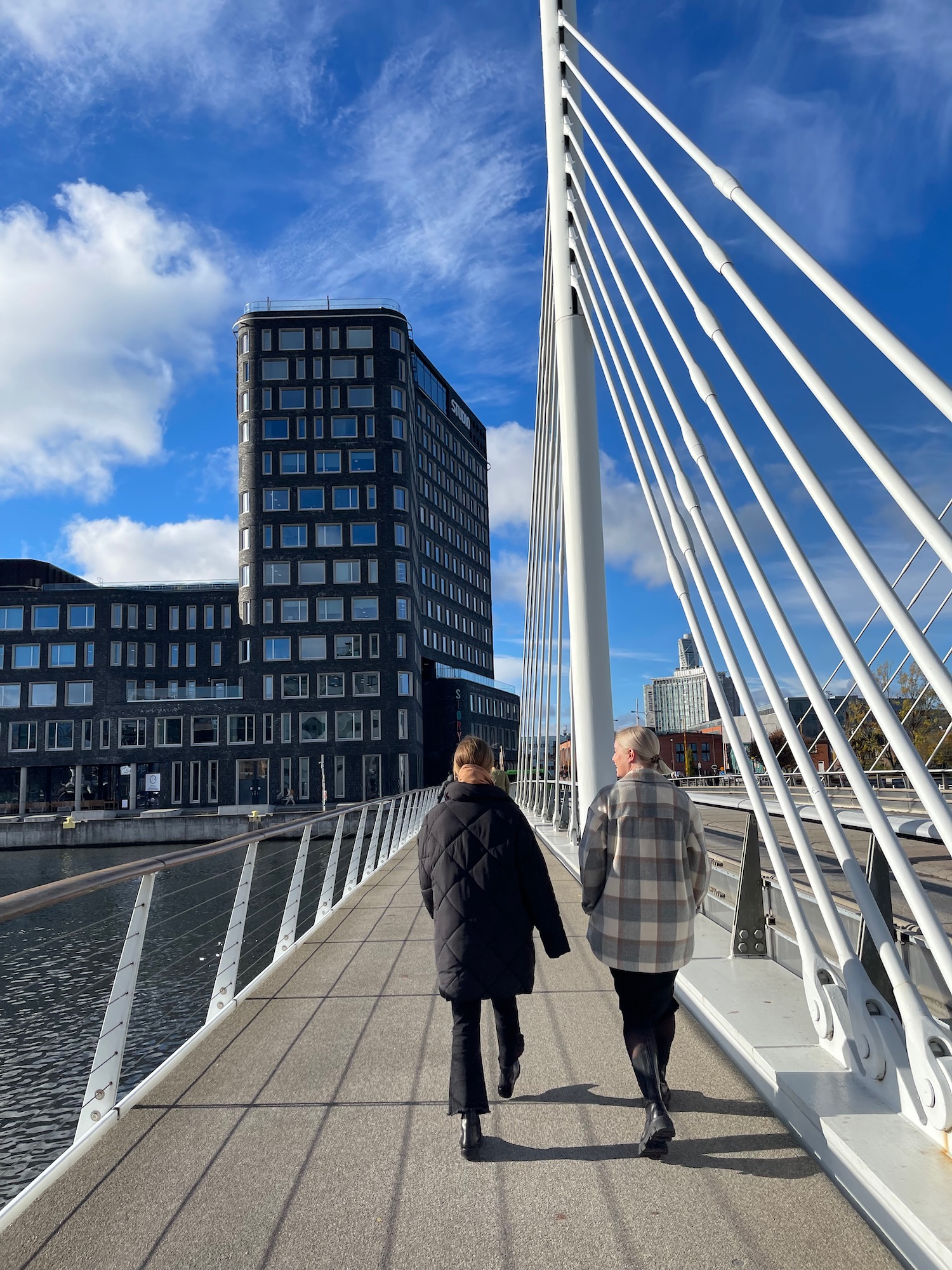 two people walking on a bridge over water