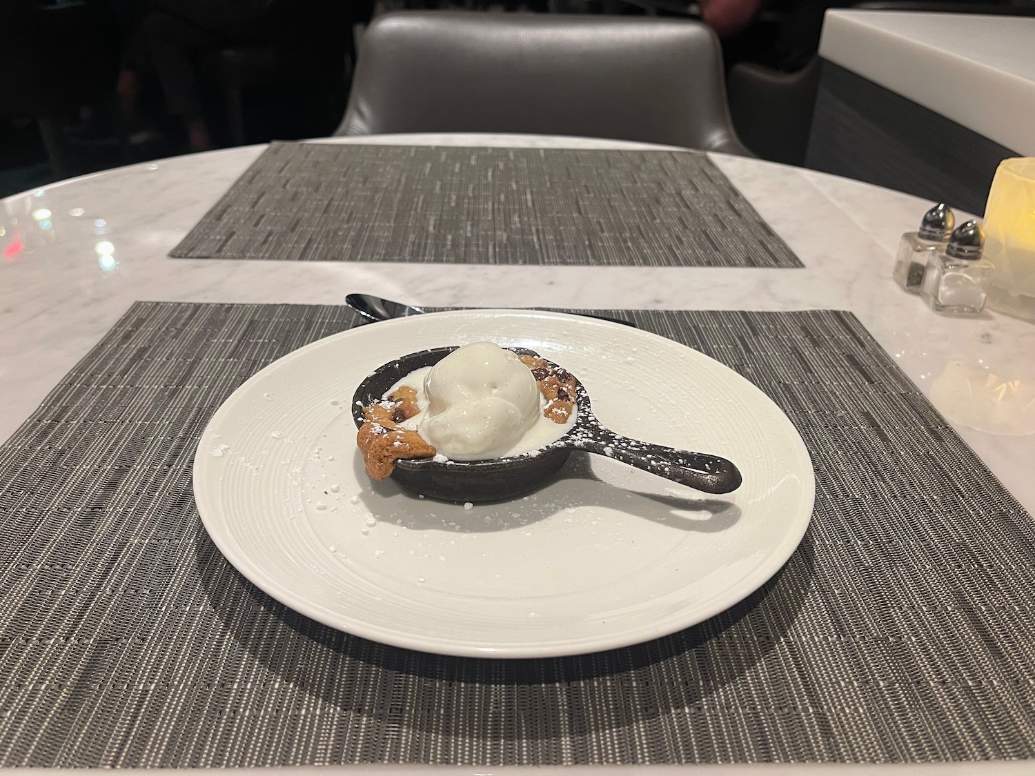 a small skillet with ice cream on it