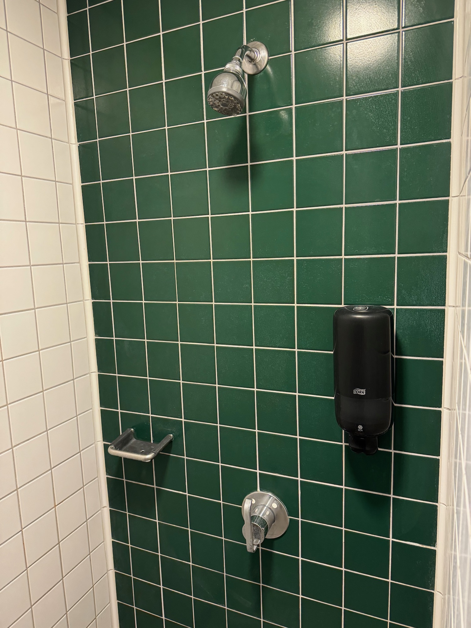 a shower with a green tile wall