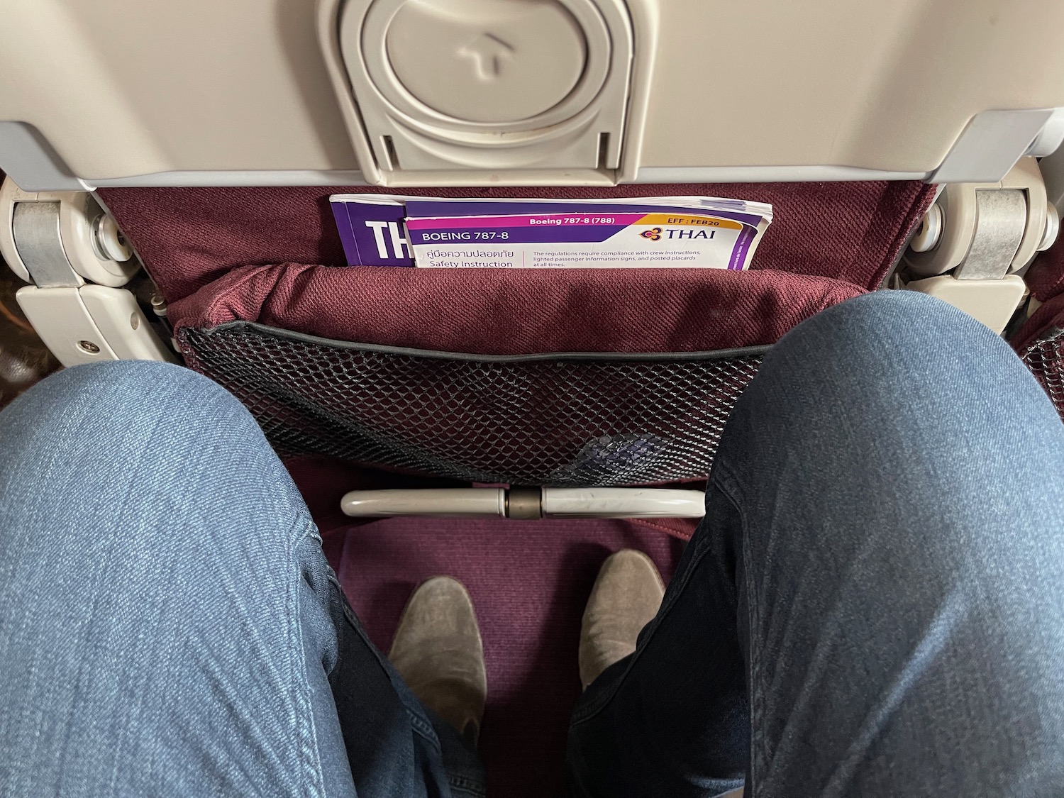 a person's legs in a seat with a pocket in the back