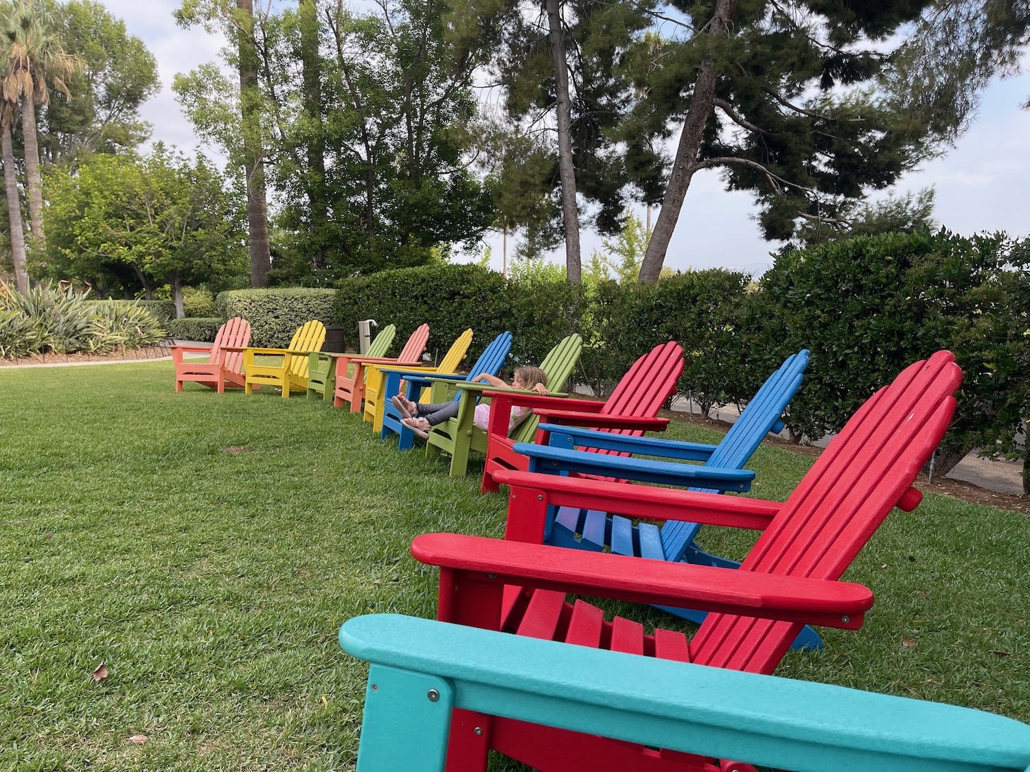 a group of colorful chairs in a row