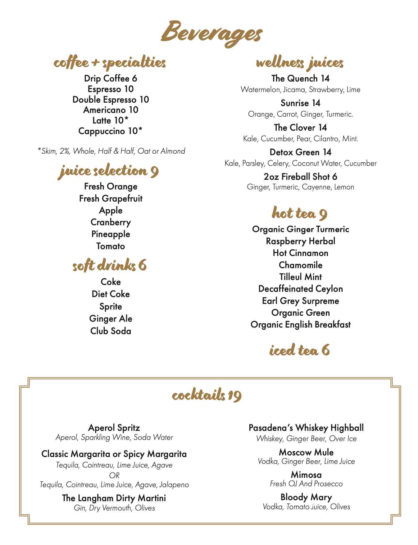 a menu of drinks and beverages