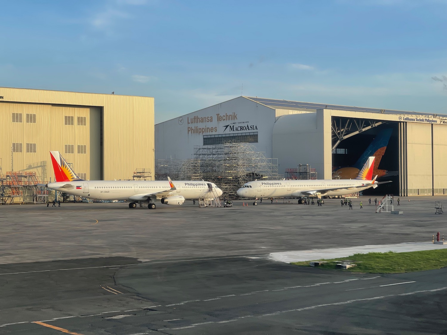 airplanes parked in a hangar