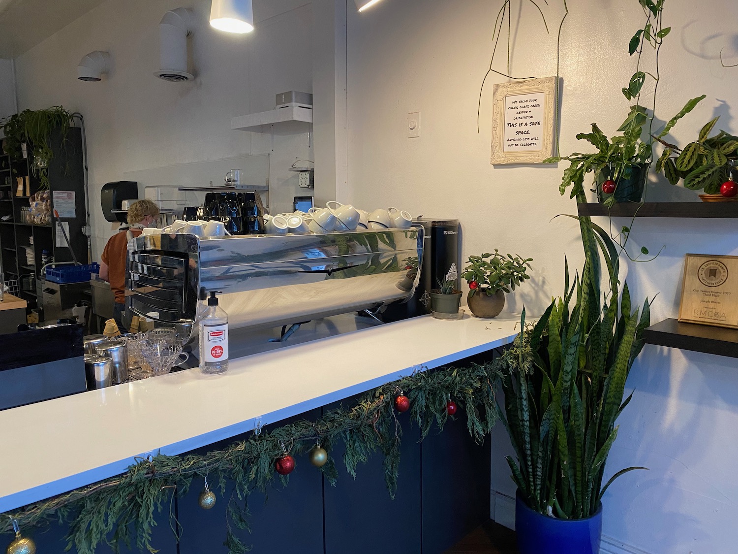 a coffee shop counter with plants and a sign