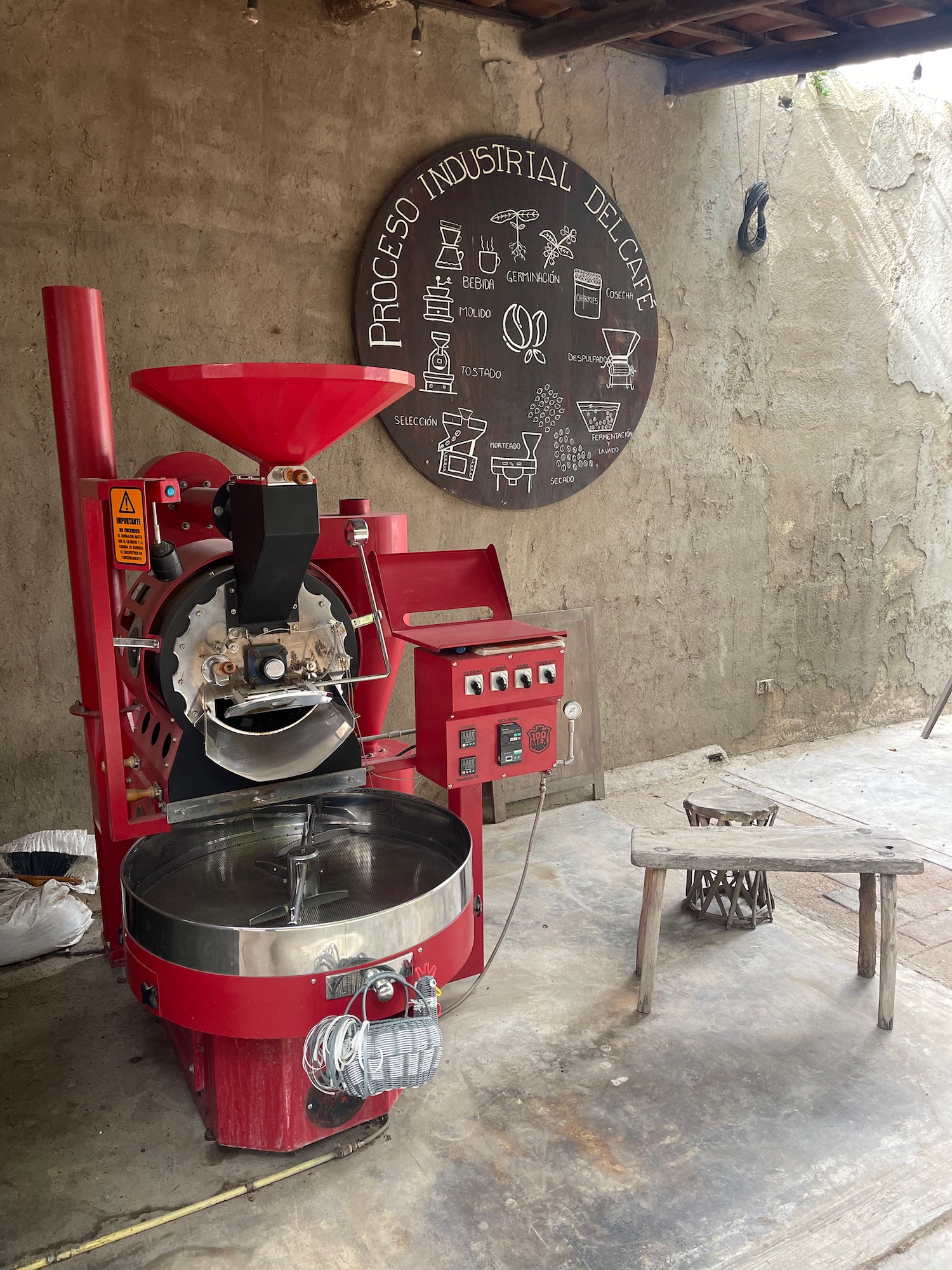 a red machine with a round sign on the wall