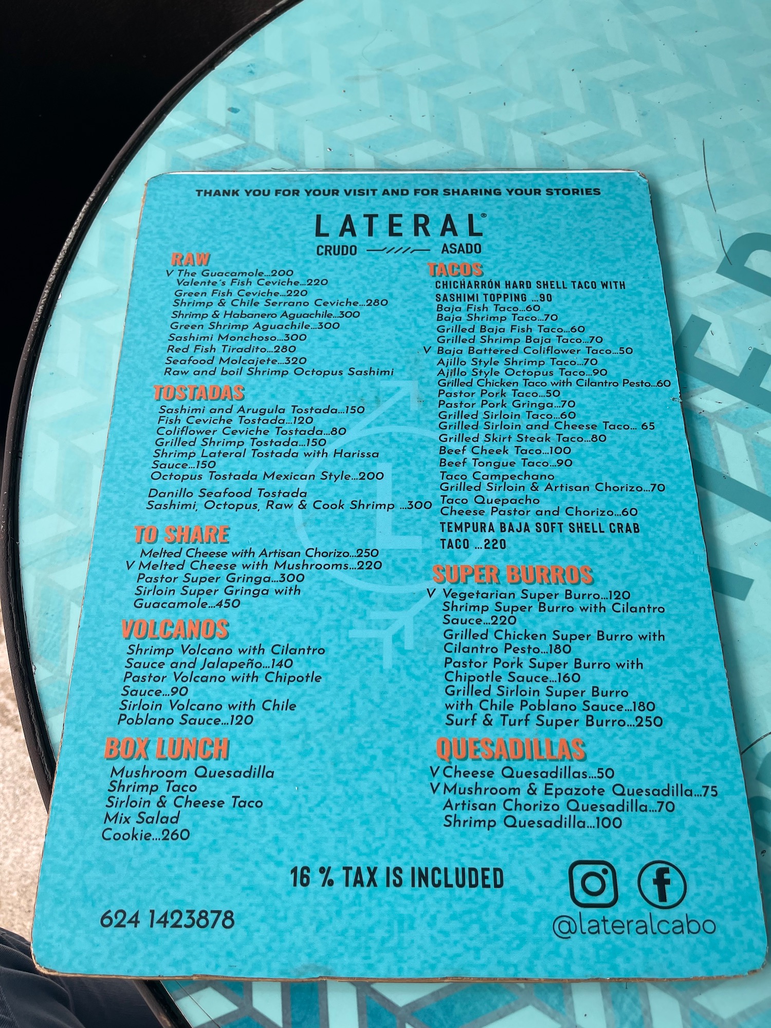 a blue menu on a table