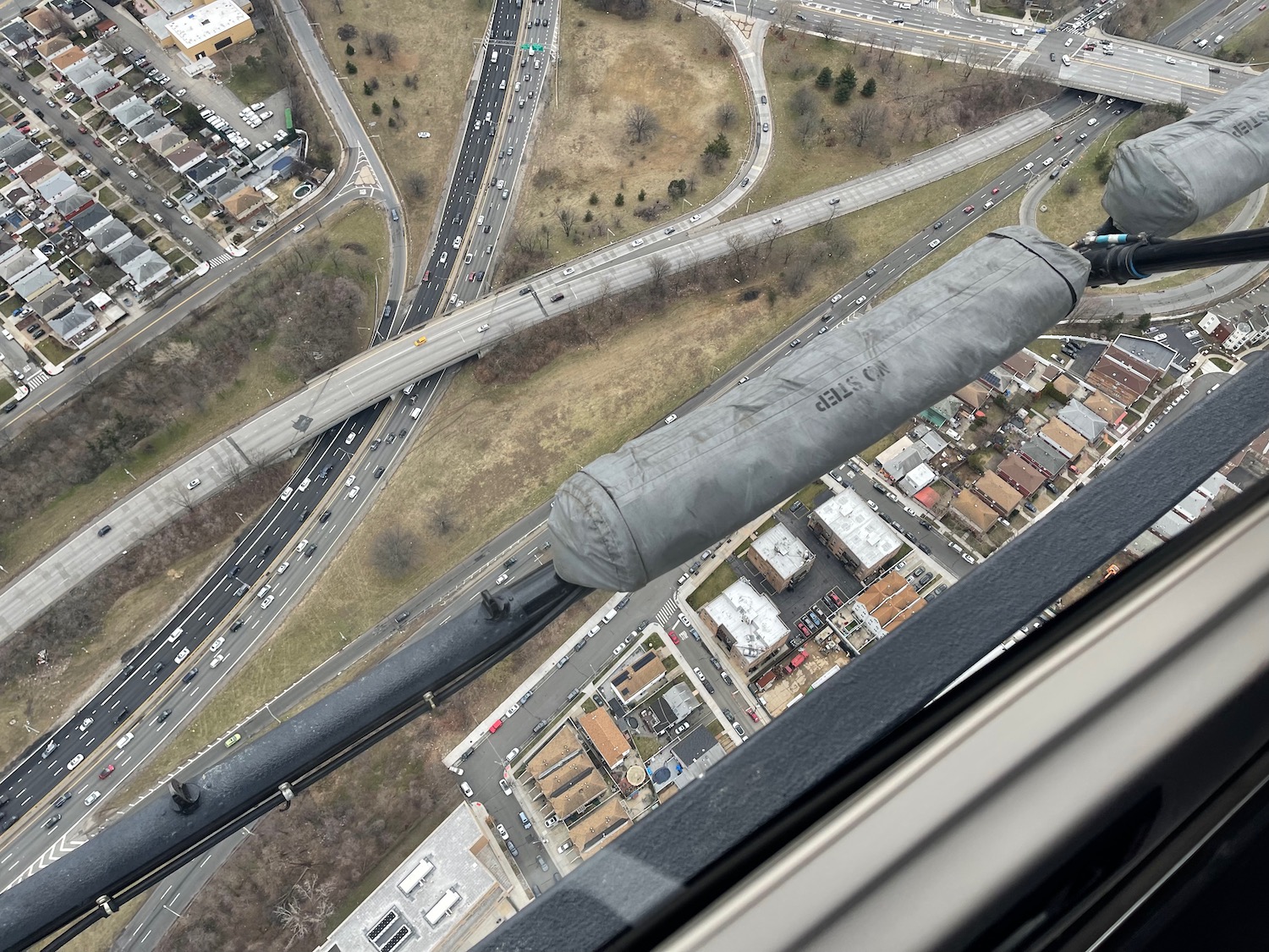 a aerial view of a highway and a city