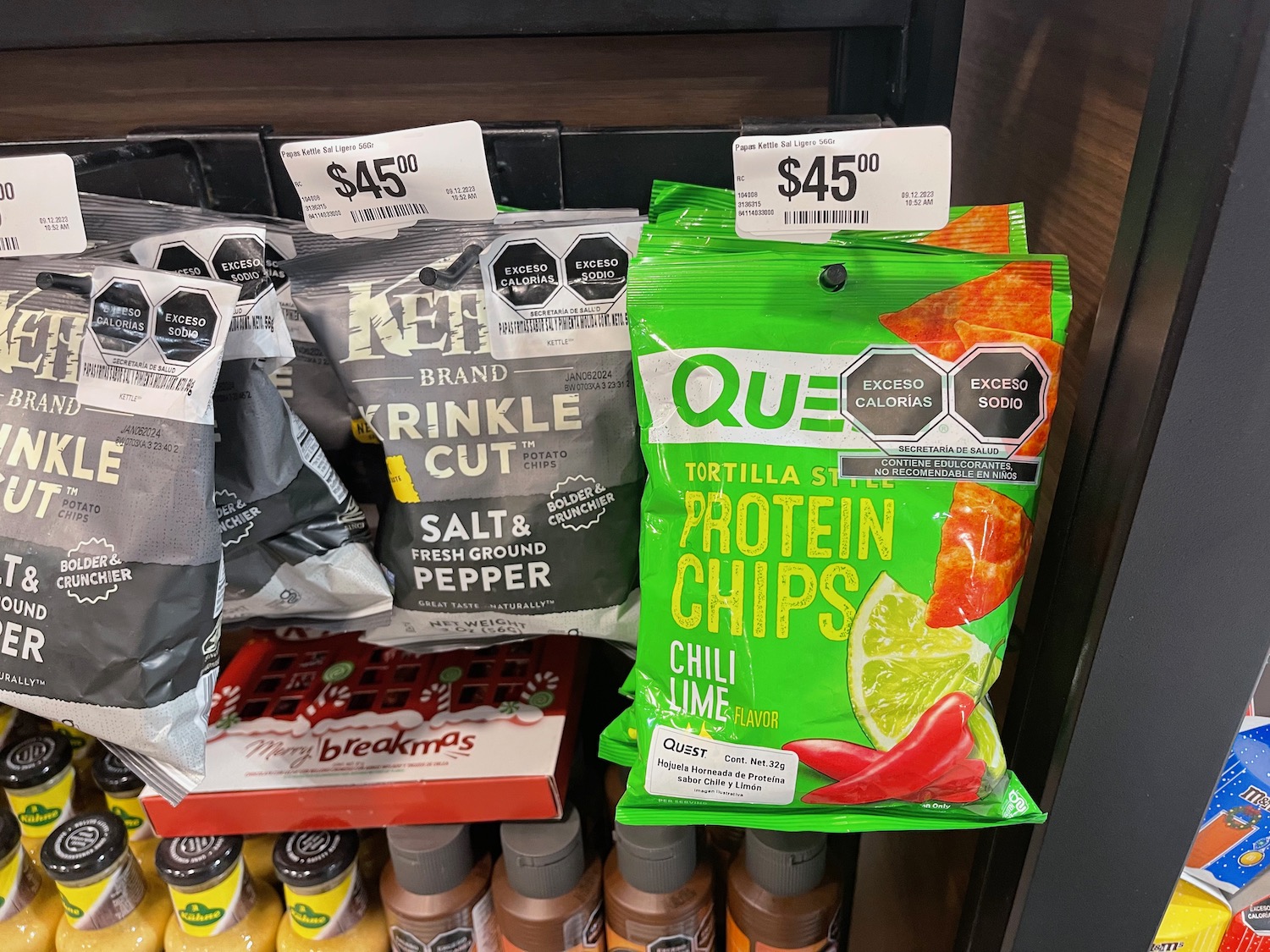 a group of chips on a shelf