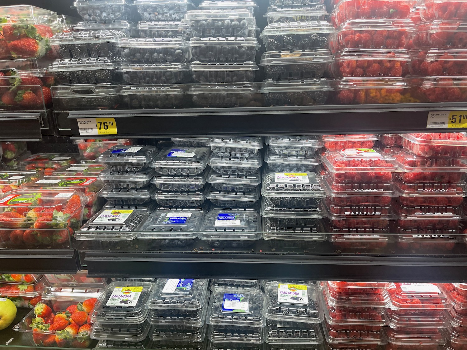plastic containers of berries on a shelf