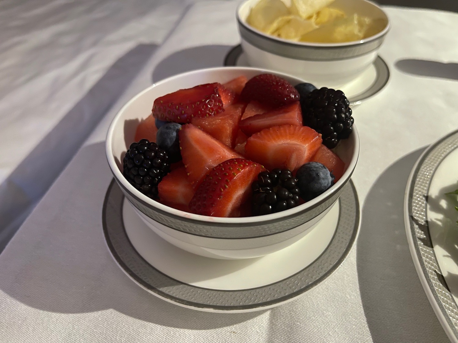 a bowl of fruit and chips