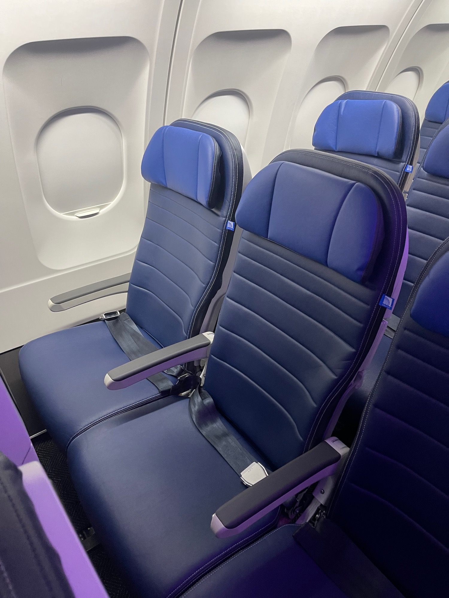 a row of blue seats in an airplane