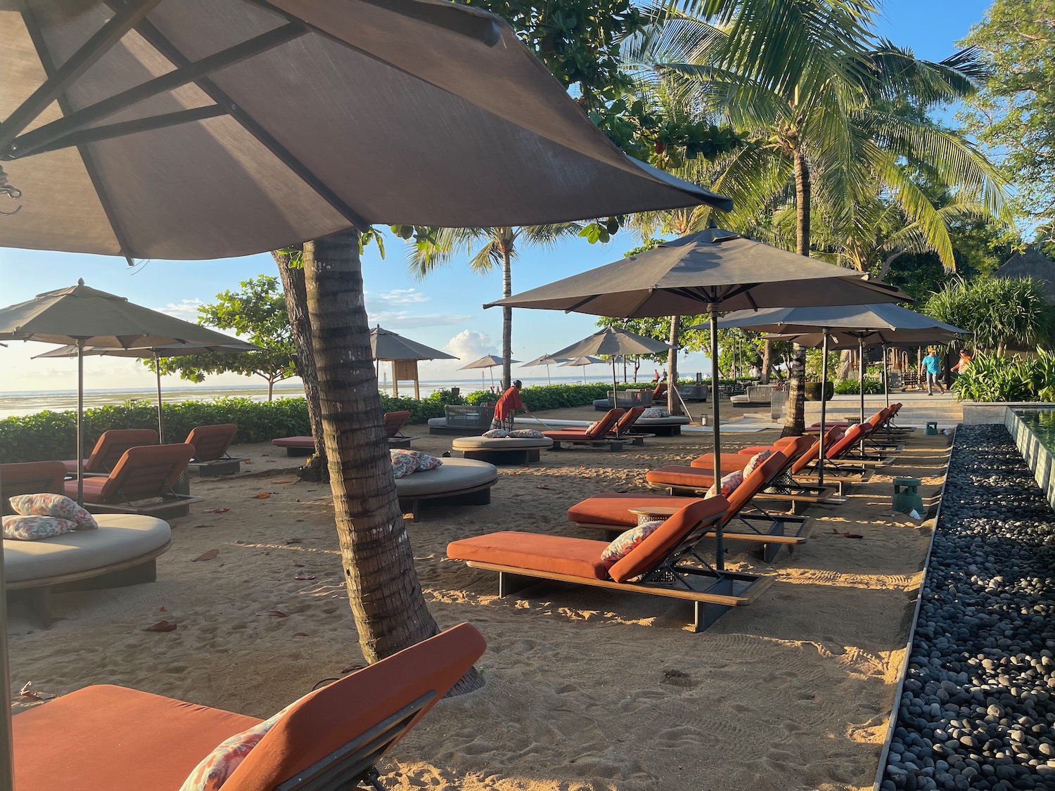 a group of lounge chairs and umbrellas on a beach