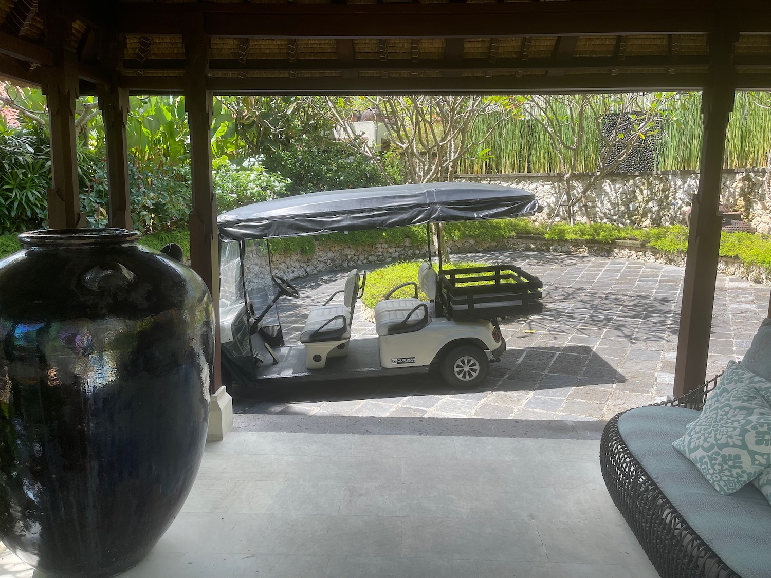 a golf cart parked in a driveway