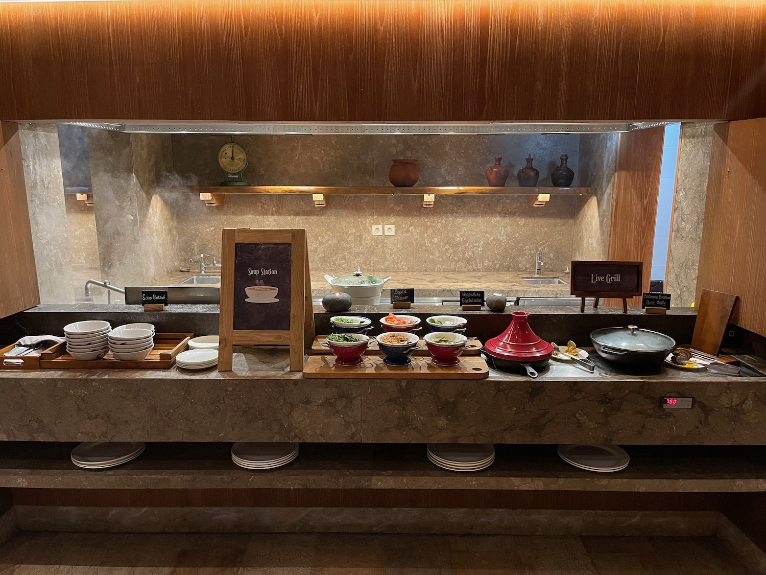 a buffet with food on the counter