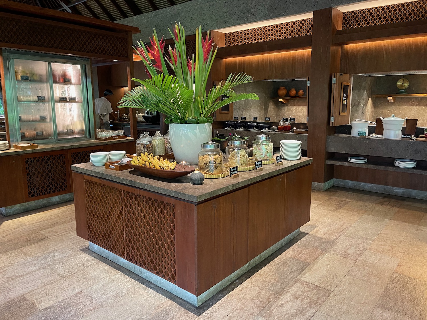 a kitchen with a large plant on a counter