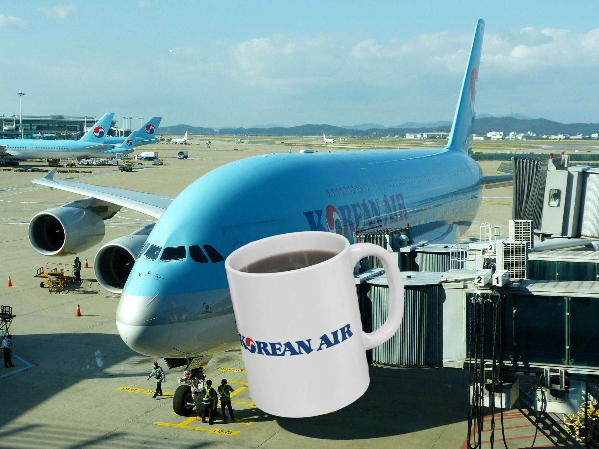a coffee mug on a plane