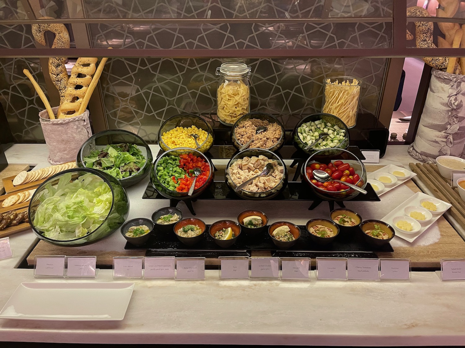 a buffet table with different food items