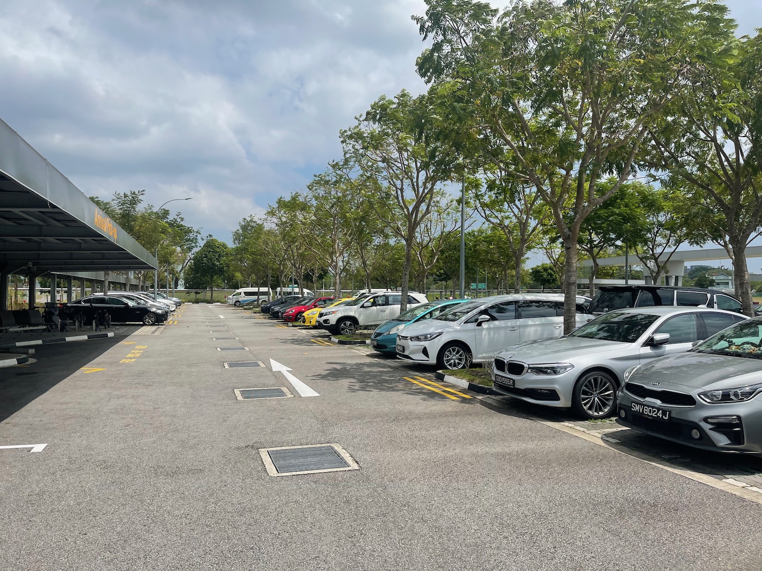 a parking lot with cars parked