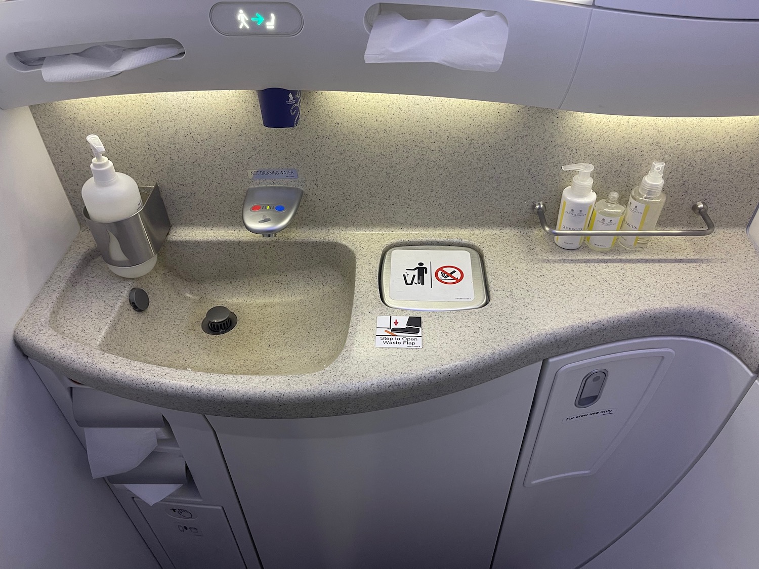 a sink and soap bottles on a counter