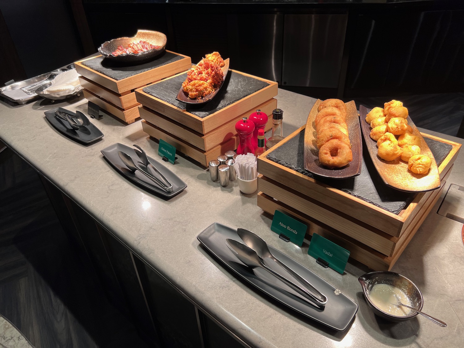 a table with plates of food on it