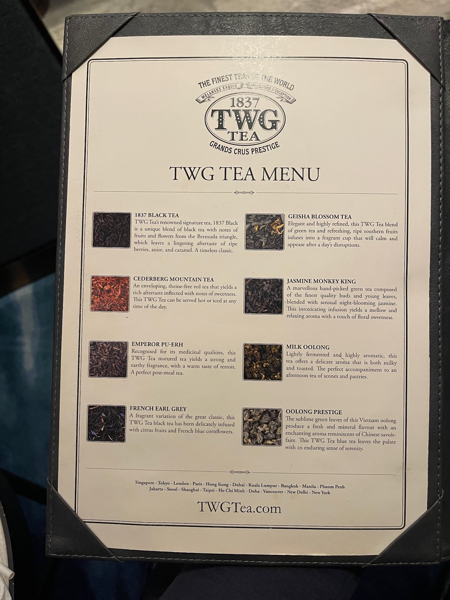 a menu with different colors of tea