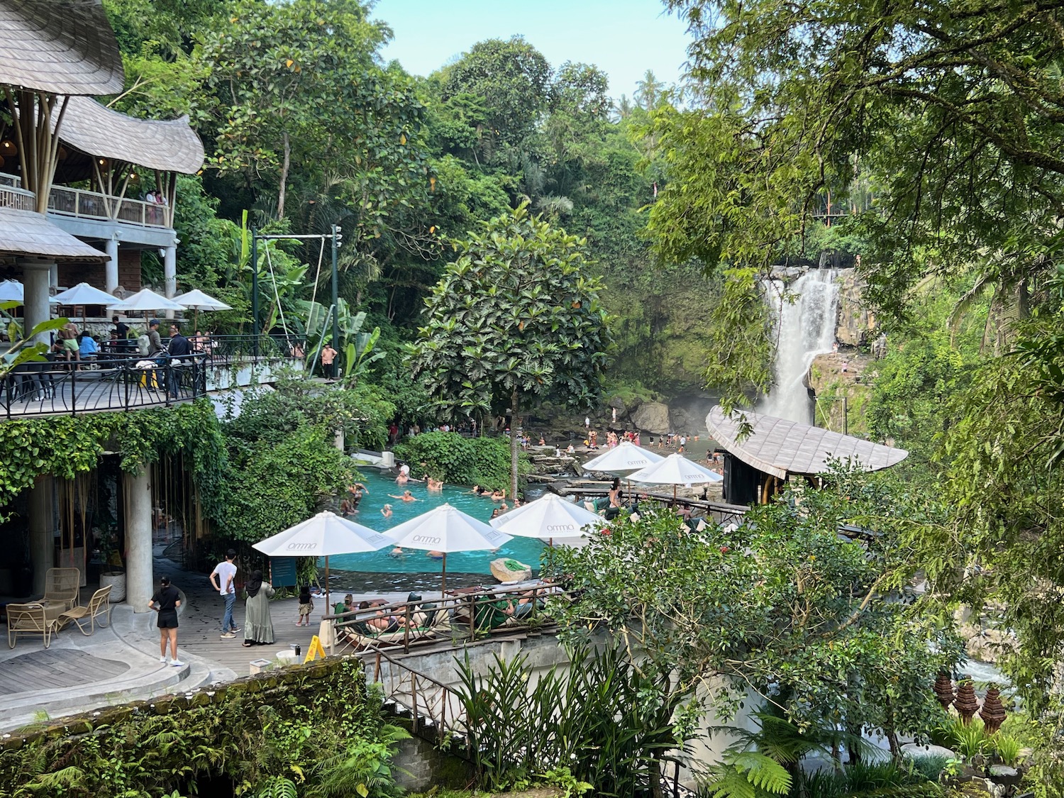 a pool with umbrellas and people in it