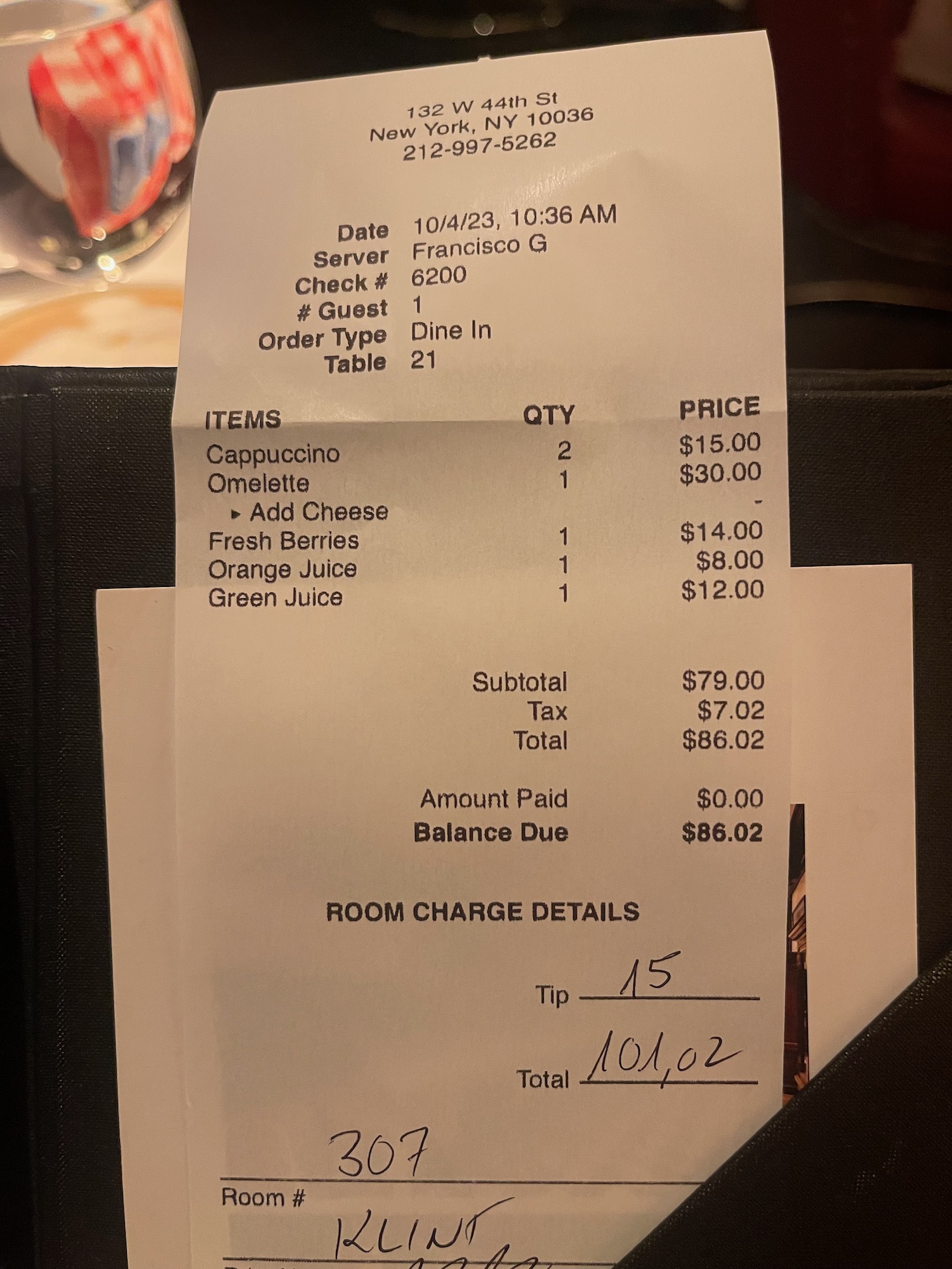 a receipt of a restaurant