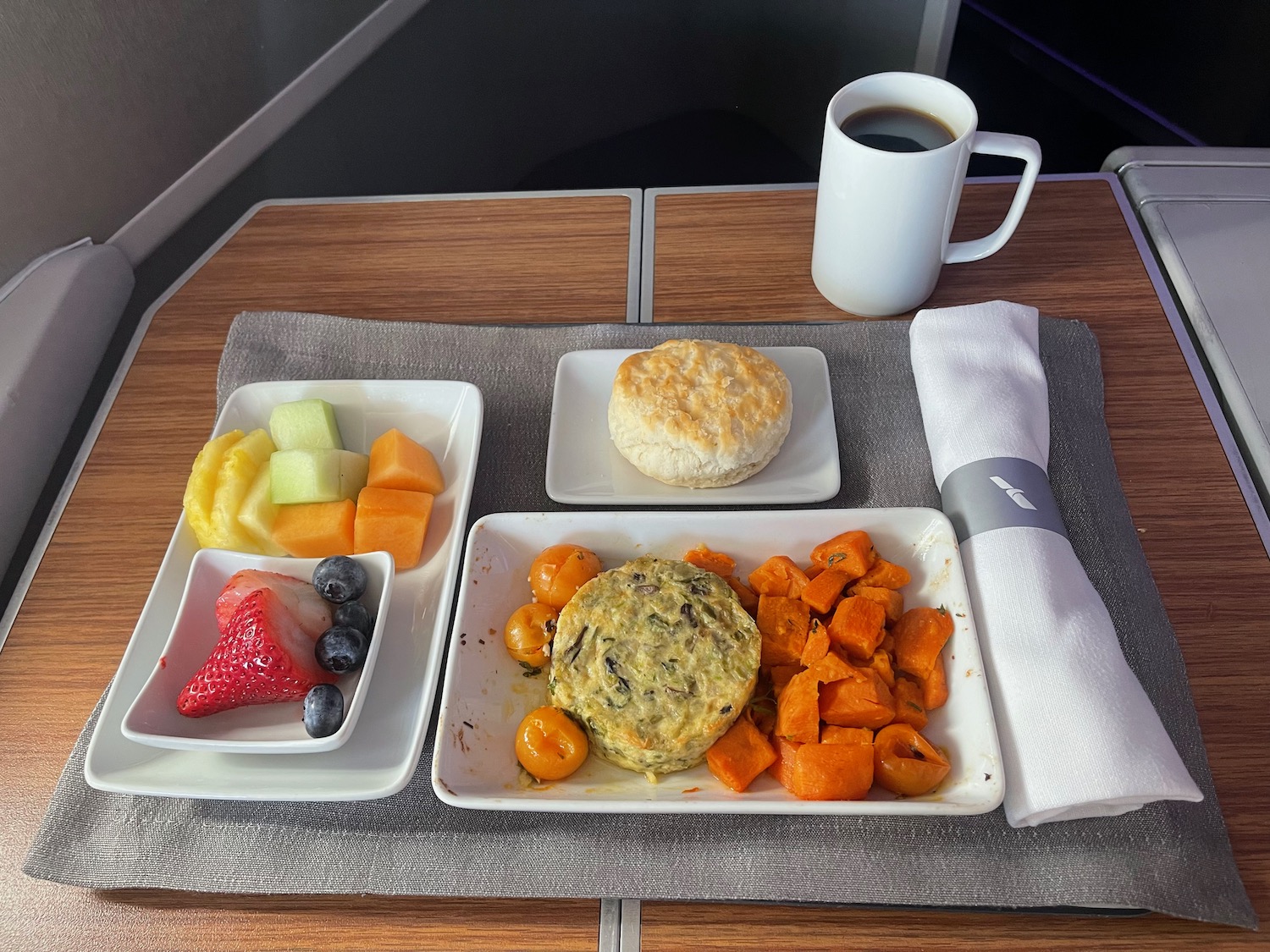 a plate of food and a cup of coffee on a table