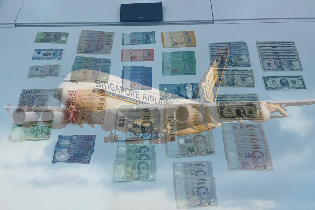 a plane flying over money