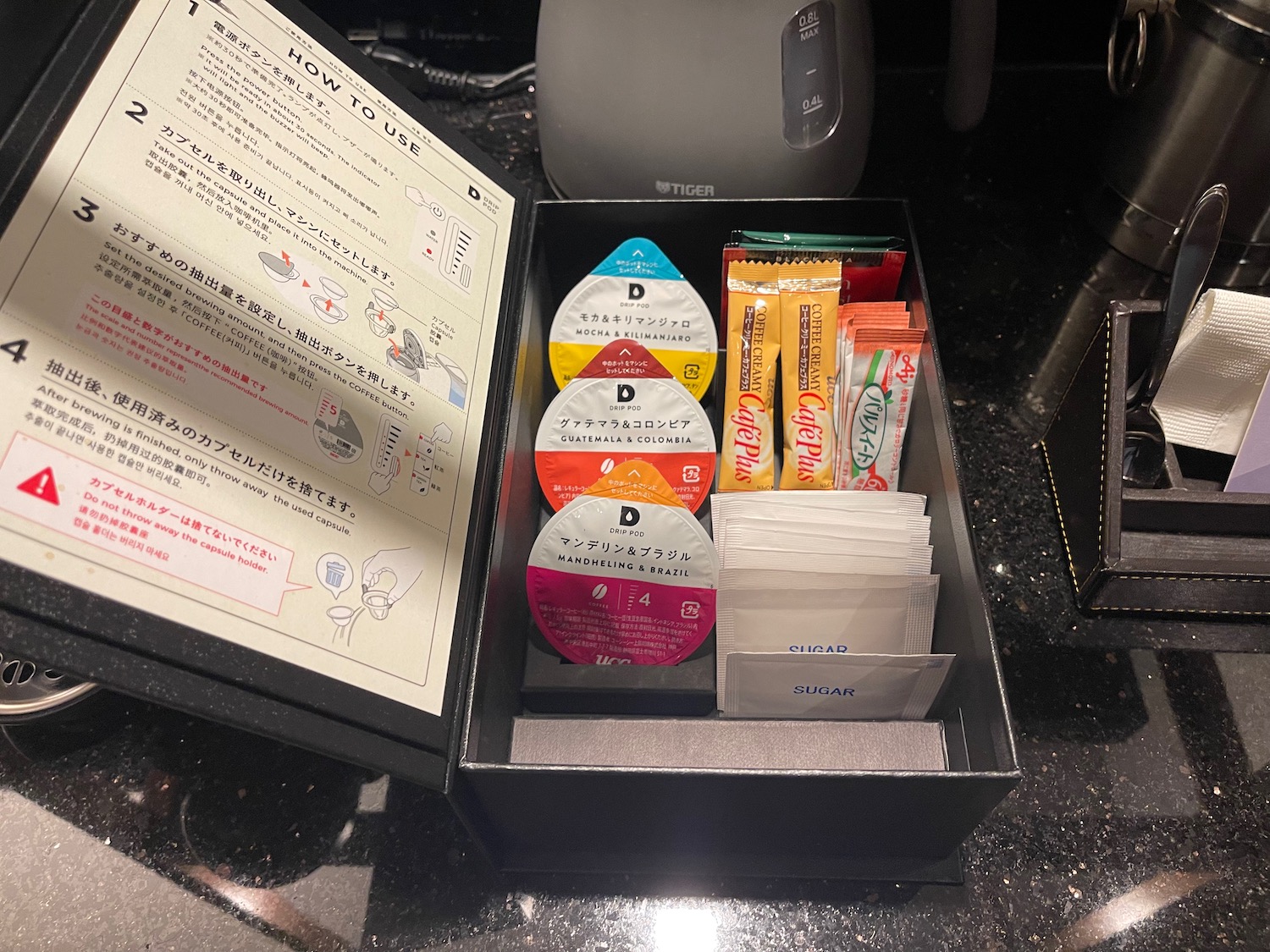 a box with a variety of tea packets