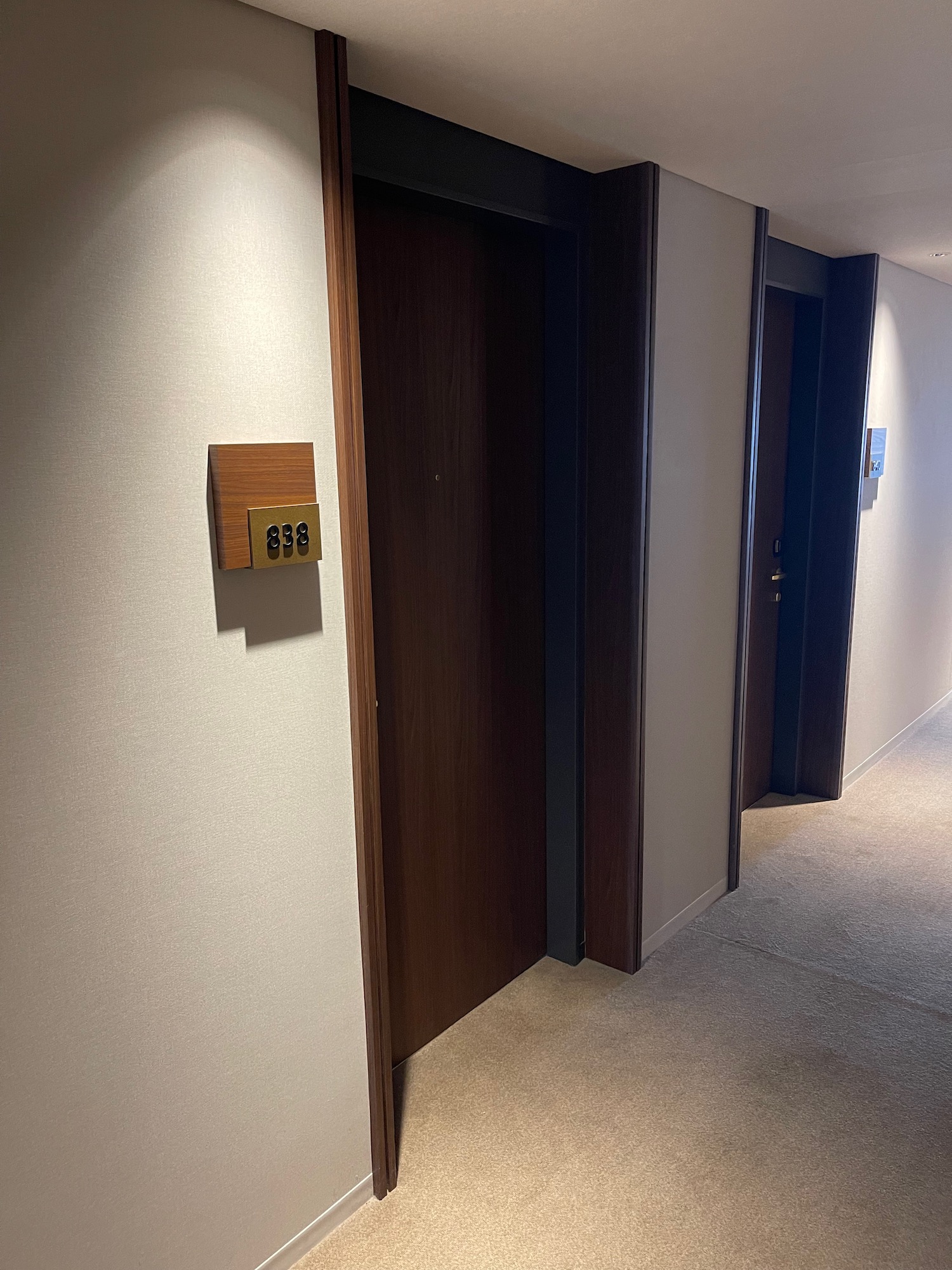 a hallway with two doors and a door with a light switch