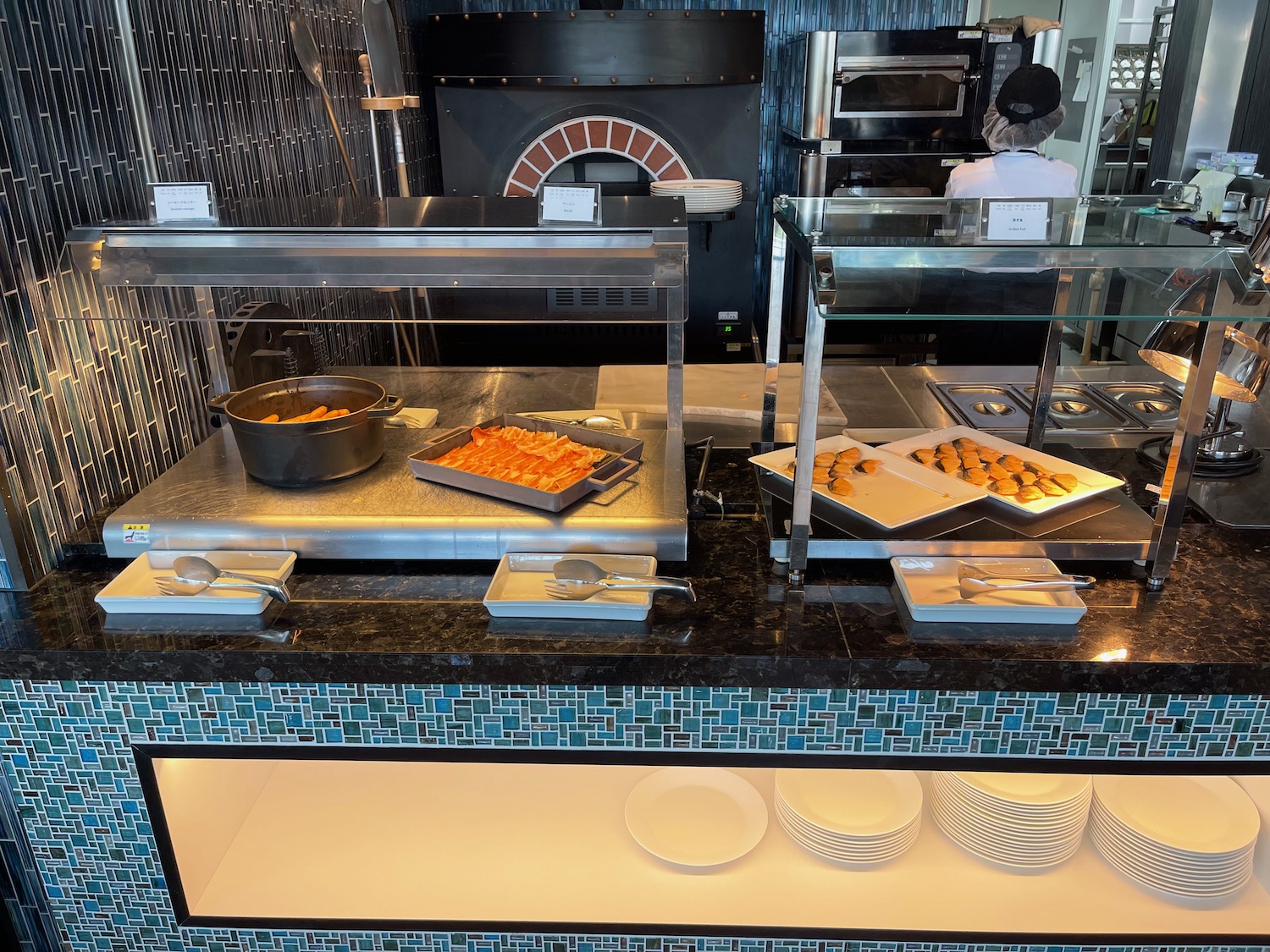 a buffet with food on the counter