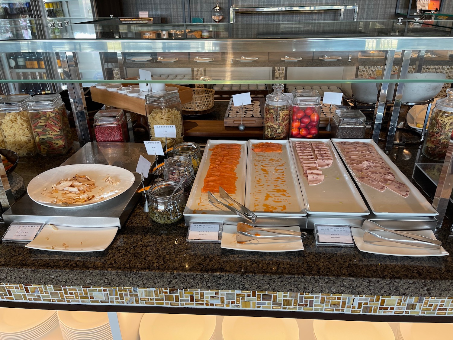 a buffet table with different food items