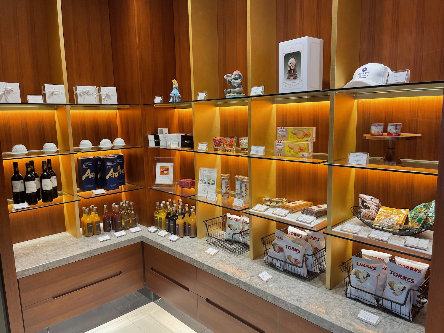 a display of various items on shelves