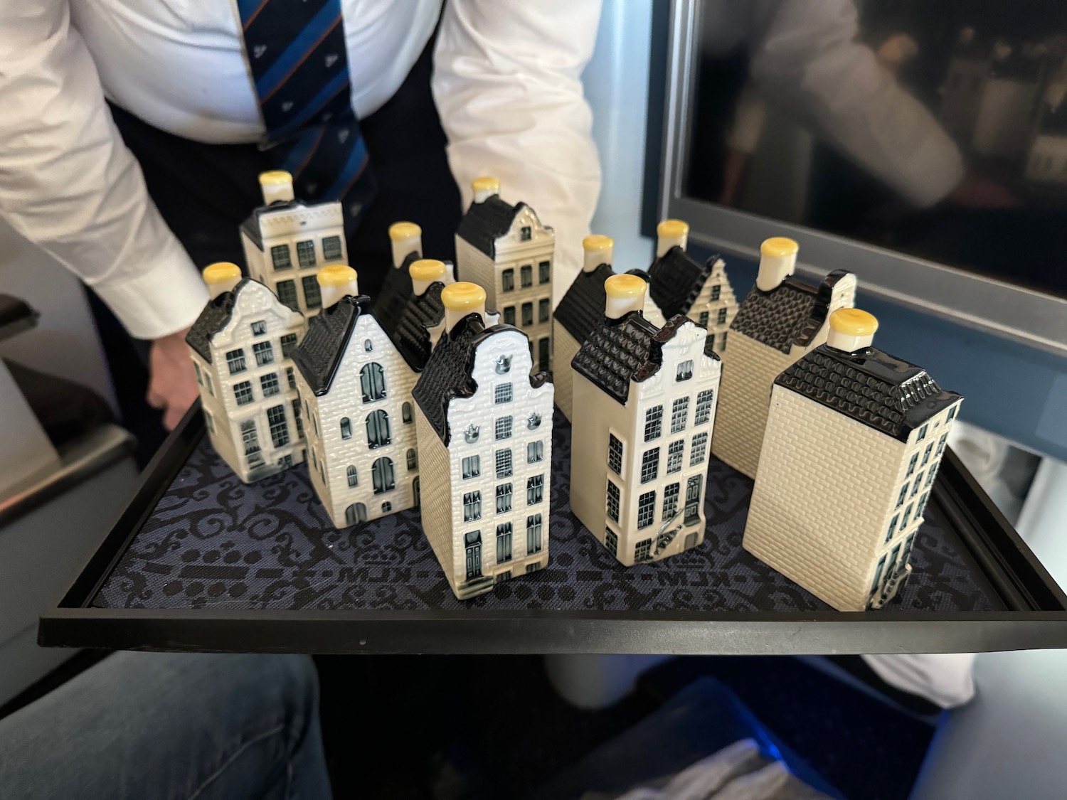 a person holding a tray of miniature buildings