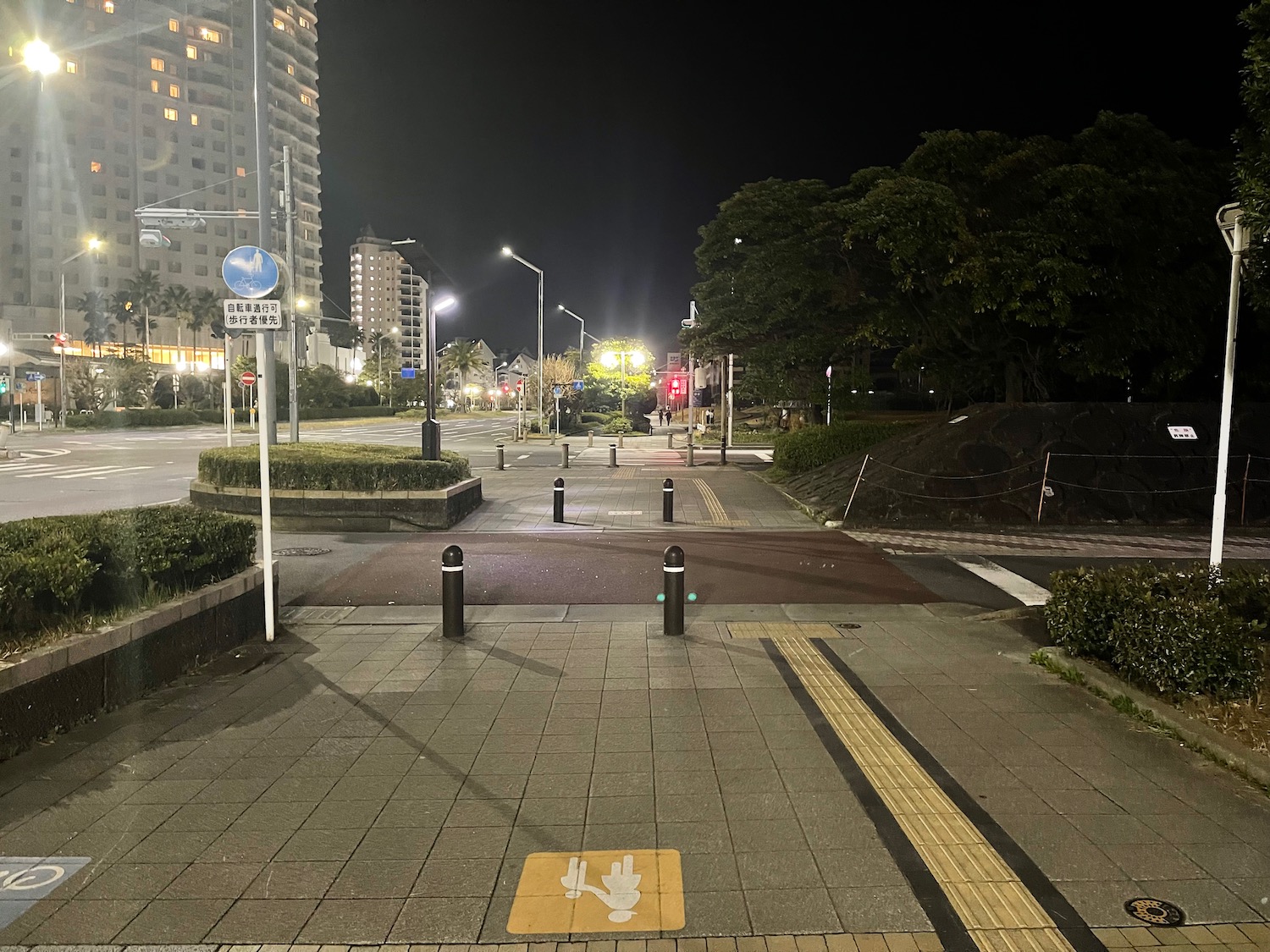 a street with lights and trees